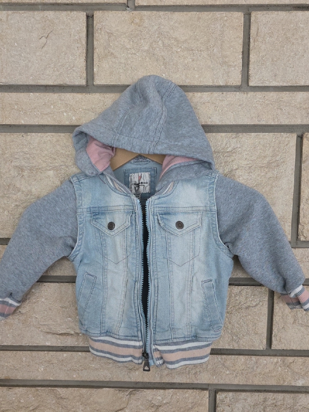 Urban Republic Light Blue Denim Jacket with Gray Hood and Pink Lining